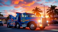 Local towing service Tampa providing quick and reliable assistance with a brightly colored tow truck against a scenic backdrop.