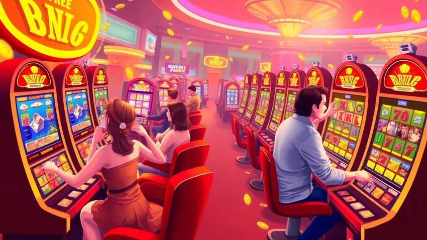Experience thrilling free spins on lively slot machines in an engaging online casino atmosphere.