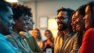 AI opinion poll discussion among diverse individuals showcasing varied reactions and expressions at a round table.
