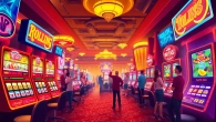 Experience the excitement of the Rolling Slots Casino with bright slot machines and joyful players.