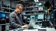 Riparazione pc torino: tecnico informatico esperto al lavoro nel suo laboratorio di riparazione.