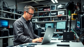 Riparazione pc torino: tecnico informatico esperto al lavoro nel suo laboratorio di riparazione.