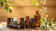 Essential oil bottles arranged artfully on a wooden surface, conveying a sense of serenity.