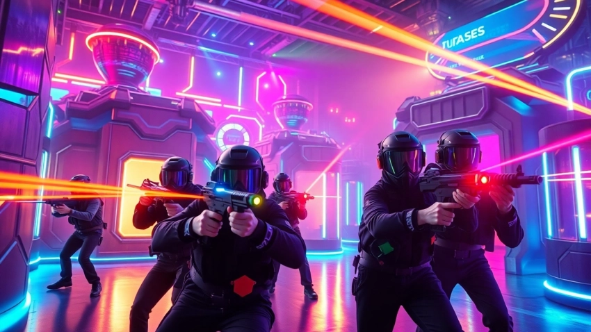 Laser tag players in action inside a neon-lit arena, showcasing excitement and strategy.