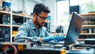 Riparazione computer torino, tecnico esperto mentre ripara un laptop in un ambiente luminoso e professionale.