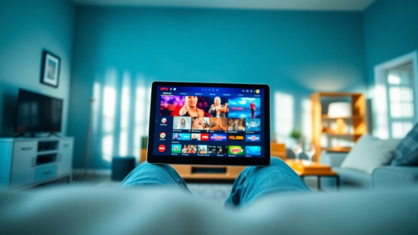 Showcasing free trial iptv subscription on a modern tablet in a cozy living room.