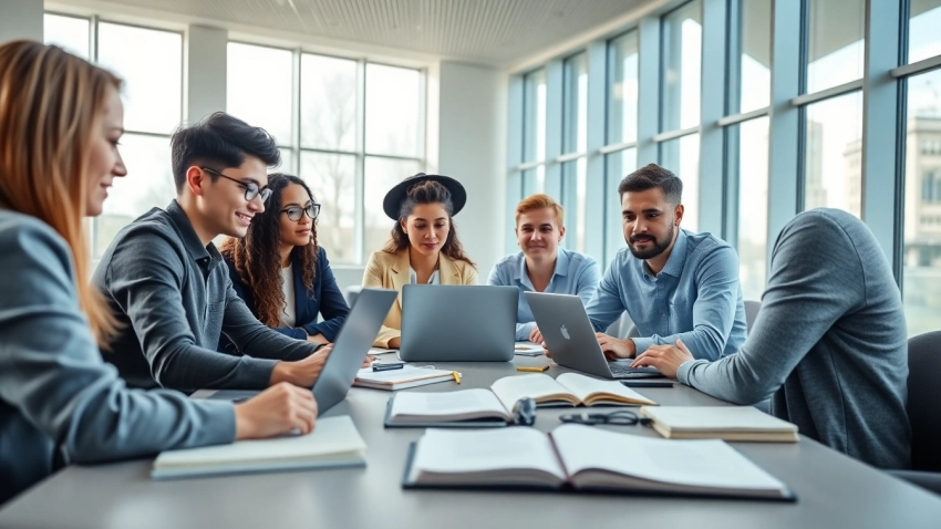 Engaging online university degrees from UK students collaborating in a modern study space.