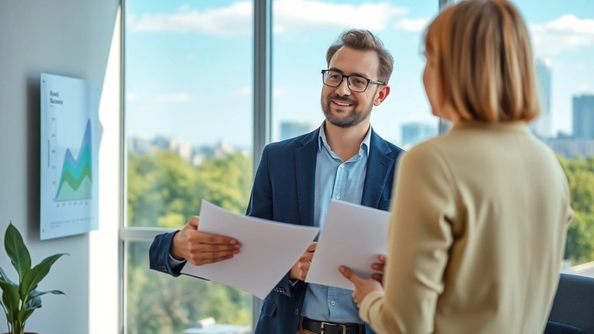 Environmental Health & Safety (EHS) Consultant advising a client in a modern office environment.