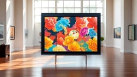 Showcasing a stylish 36x48 frame in a gallery setting featuring vibrant artwork.