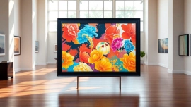 Showcasing a stylish 36x48 frame in a gallery setting featuring vibrant artwork.