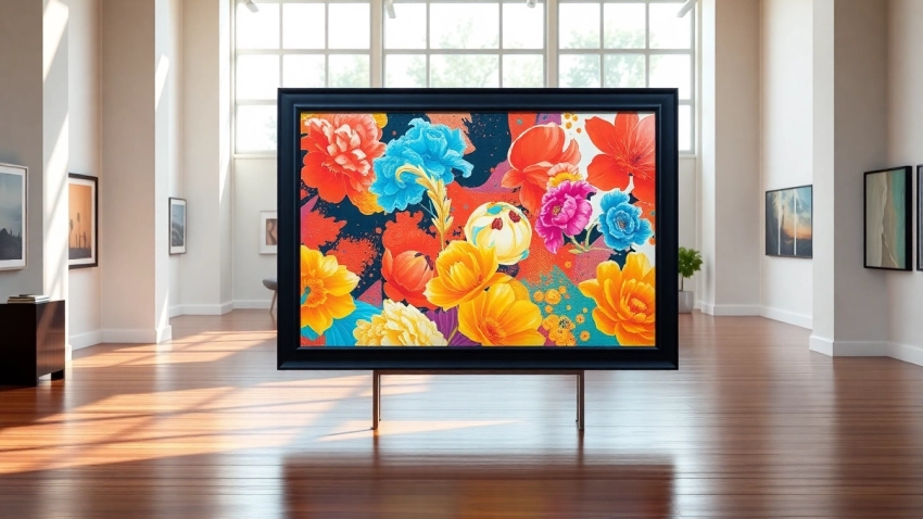Showcasing a stylish 36x48 frame in a gallery setting featuring vibrant artwork.