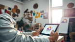 Create a custom AI logo design while sketching ideas in a creative workspace with vibrant tools.