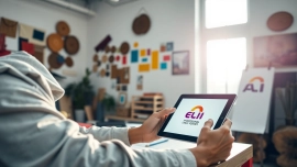Create a custom AI logo design while sketching ideas in a creative workspace with vibrant tools.
