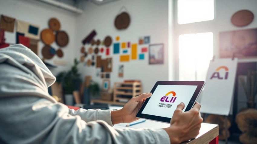 Create a custom AI logo design while sketching ideas in a creative workspace with vibrant tools.