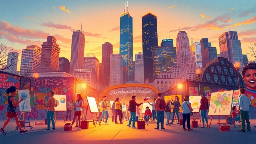 Showcasing emerging artists in Chicago displaying their creativity and talent in a vibrant urban setting.