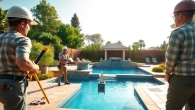 Skilled swimming pool builder constructing a luxury backyard pool in a stunning garden setting.
