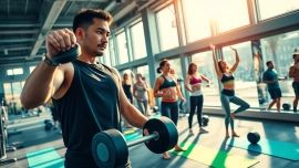 Find the best gym near me with fitness enthusiasts exercising in a vibrant urban environment.