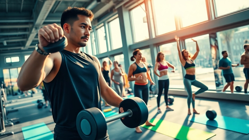 Find the best gym near me with fitness enthusiasts exercising in a vibrant urban environment.