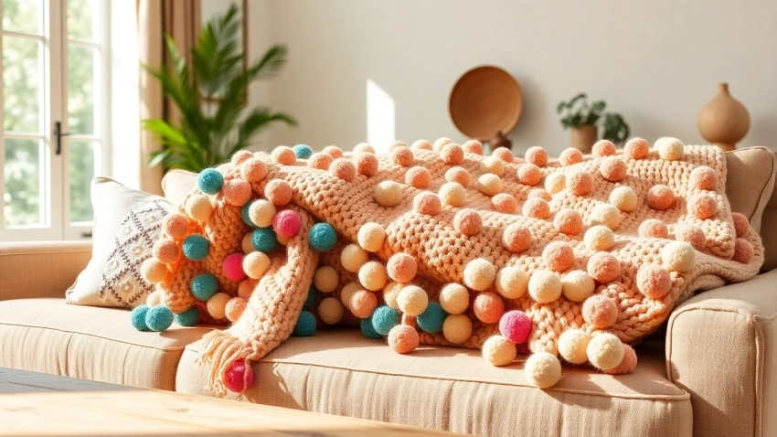 Cozy Moroccan Cotton Pompom Blankets elegantly styled on a sofa in a sunlit living room.