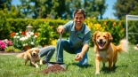 Experts providing dog clean up service in a sunny backyard, showcasing joy and care.