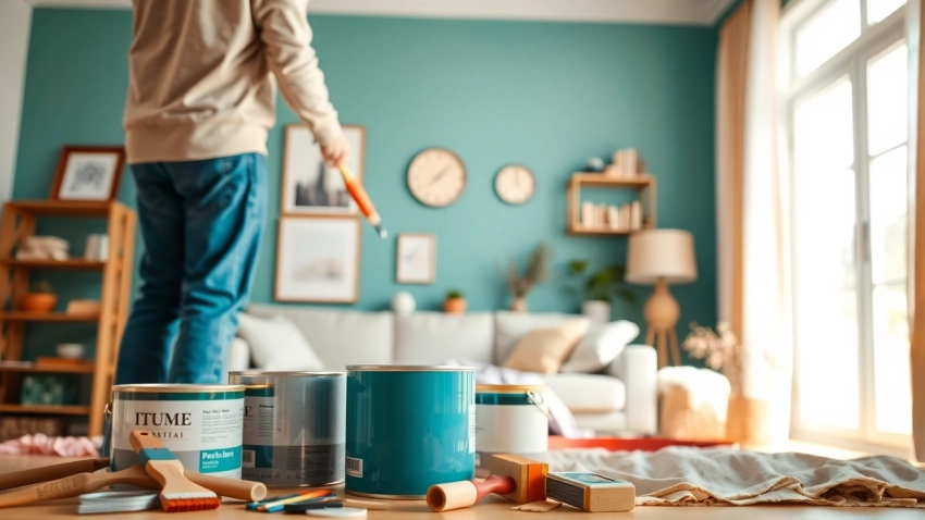 Painter engaged in interior painting, transforming a cozy living room with vibrant colors.