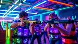 Exciting laser tag action in a vibrant arena with players engaged in intense gameplay.