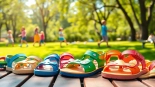 Kindersandalen in verschiedenen Farben und Stilen auf einem Holztisch arrangiert.
