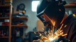 Welder focusing on precision work while using a high-tech welding mask in a bright workshop.