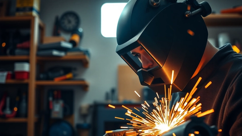 Welder focusing on precision work while using a high-tech welding mask in a bright workshop.