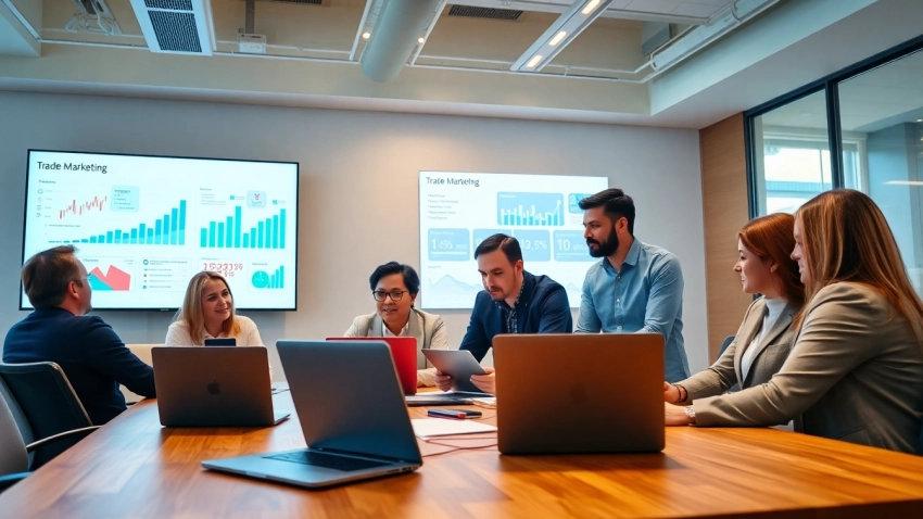 Engage in a professional trade marketing strategy session showcasing teamwork and innovation.