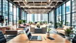 Explore a commercial office space for rent in Bangalore showcasing a modern workspace with bright lighting.