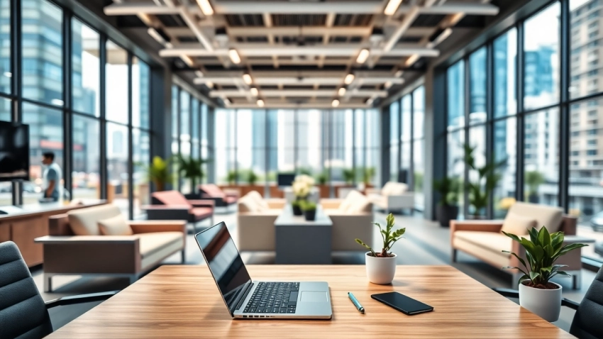 Explore a commercial office space for rent in Bangalore showcasing a modern workspace with bright lighting.