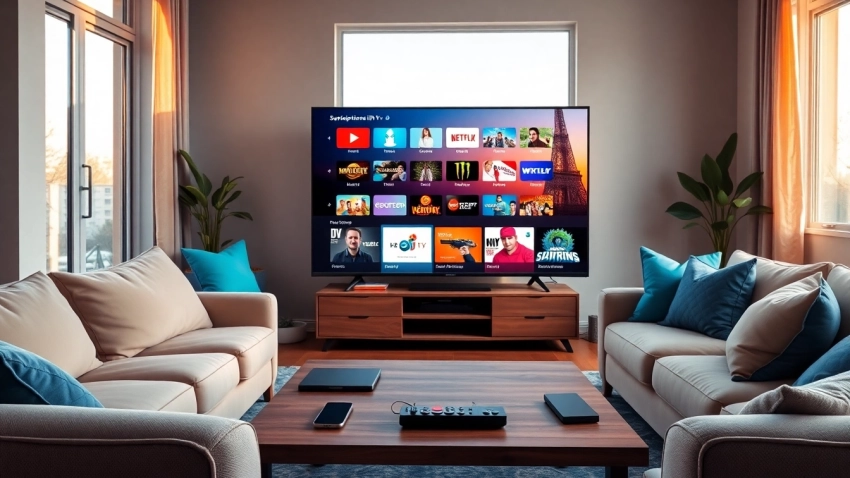 Access diverse channels with IPTV Subscription USA in a modern living room setup featuring a smart TV.