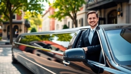 Limo service Augusta Maine: elegant black limousine ready for pickup outside a venue.