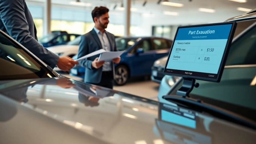 Part Exchange transaction in a bright car dealership with customer and dealer interaction.