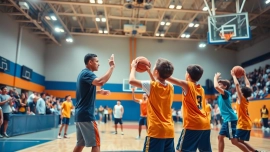 Young athletes training at Takeover Basketball Academy, showcasing skills and teamwork in a vibrant gym.