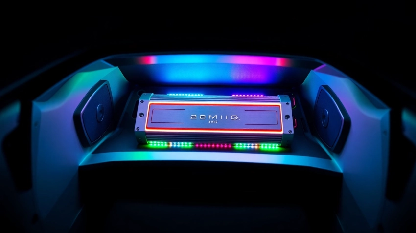 Boost your sound with a powerful car amplifier featured in a high-tech audio setup.