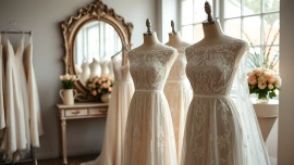 Showcase romantic lace wedding dresses emphasizing intricate details and bridal elegance.