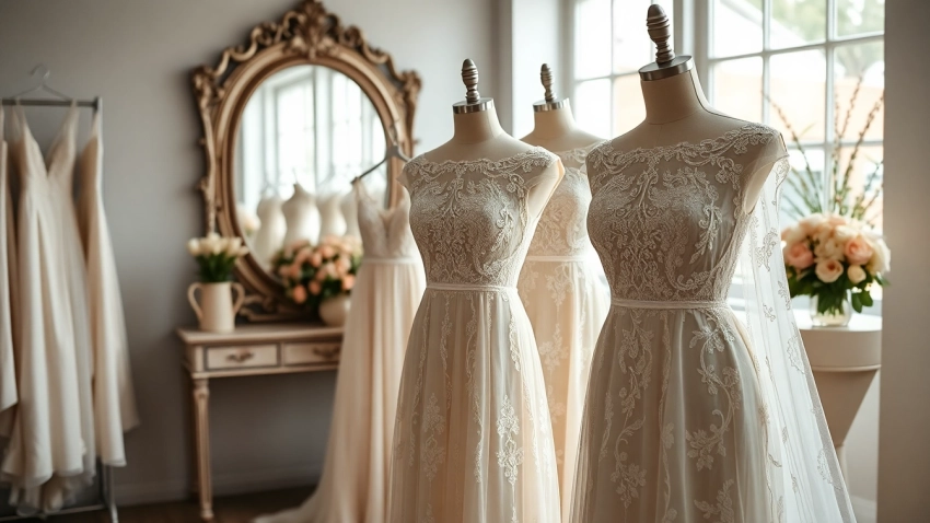 Showcase romantic lace wedding dresses emphasizing intricate details and bridal elegance.