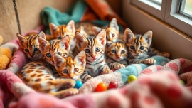 Adorable Bengal Kittens for Sale playing in a cozy cattery, showcasing their vibrant coats.