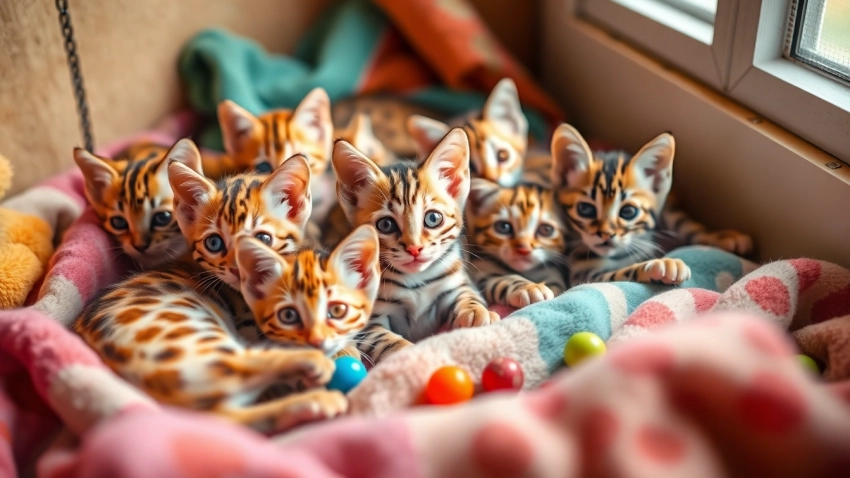 Adorable Bengal Kittens for Sale playing in a cozy cattery, showcasing their vibrant coats.