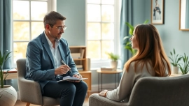 What is bulimia treatment presented in a serene therapist-client consultation room.