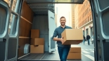 Man and van moving service, featuring a friendly mover loading boxes into a spacious van.