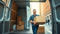 Man and van moving service, featuring a friendly mover loading boxes into a spacious van.