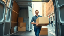 Man and van moving service, featuring a friendly mover loading boxes into a spacious van.