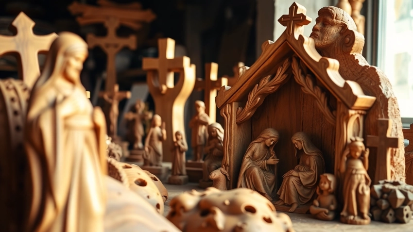 Showcasing exquisite olive wood carvings that reflect artisan craftsmanship and cultural heritage.
