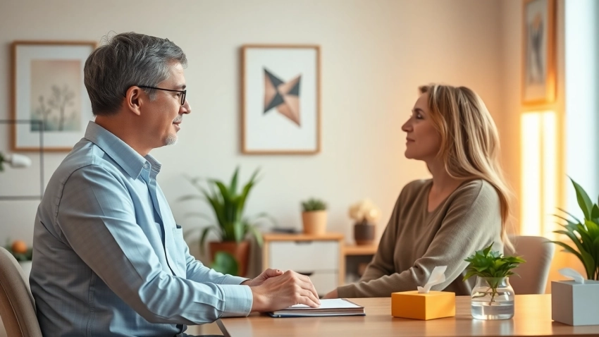 Therapist providing support while dealing with grief in a serene office environment.