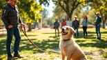 Engaged dog trainer demonstrating techniques for Dog Training Irvine with a golden retriever in a park.