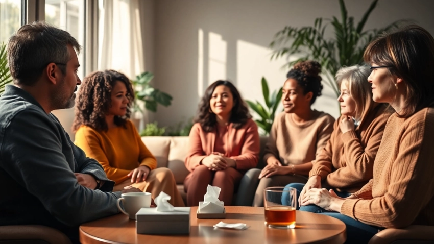 Support group session for dealing with grief in a cozy setting, promoting healing and connection.