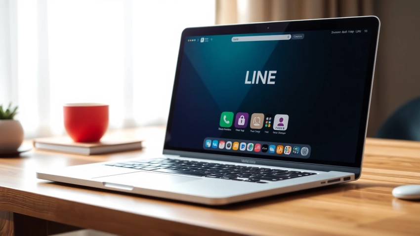 Download the LINE app for desktop with a vibrant interface shown on a laptop screen.